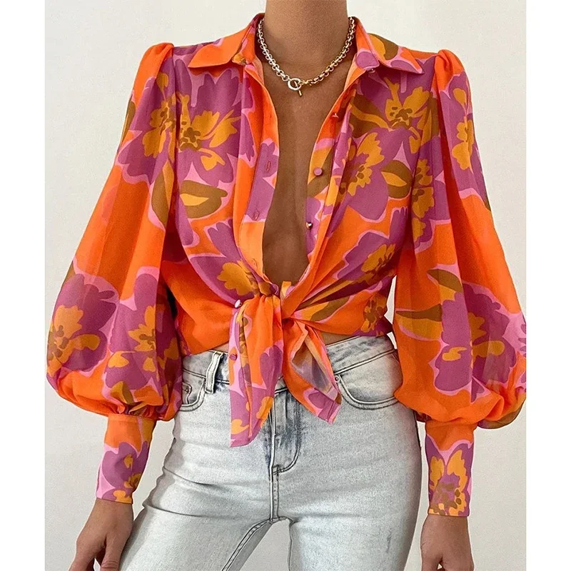 Fashion Printed Lantern Sleeve Women Shirt Vintage Office Lady Elegant Tops Button Up Long Sleeve Blouses