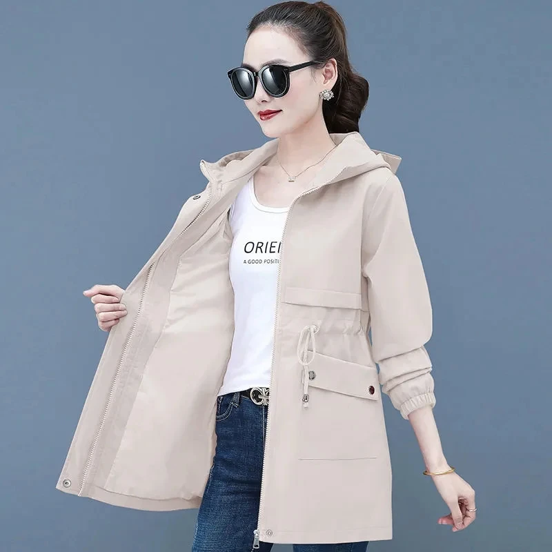 Lining Windbreak 2022 New Spring Autumn Female Jacket Slim Women Basic Coats Mid-Long Casual Tops Hooded Black Zipper vintage