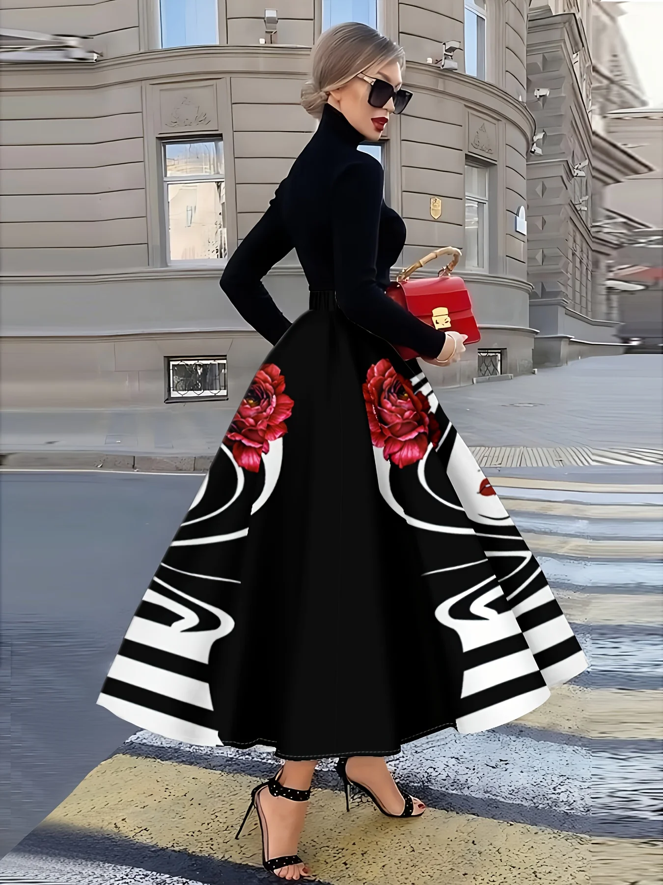 Printed Design Four-season red rose black and white portrait print vacation-style women's Half-length skirt