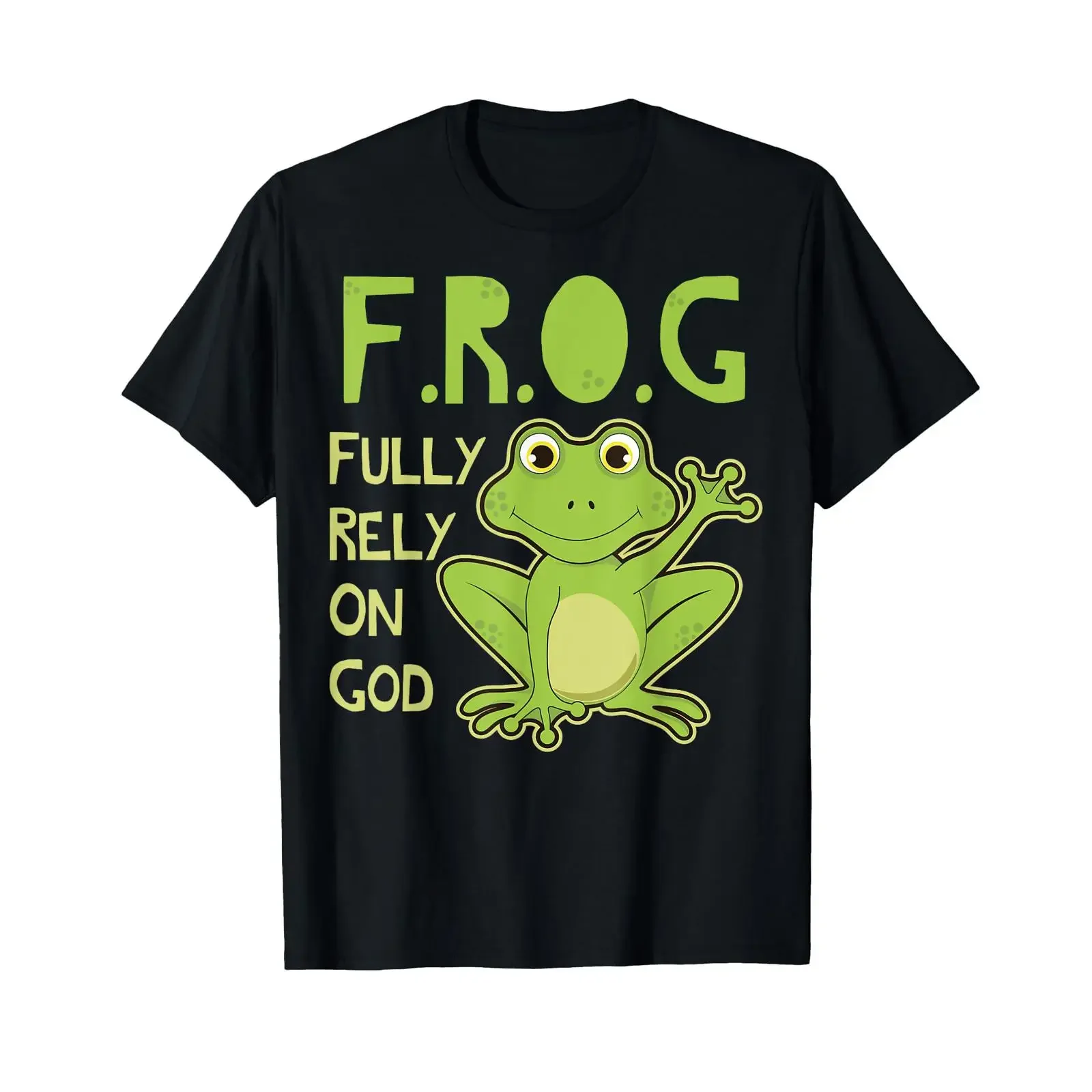 Fully Rely On God Frog Design Adults T Shirt Black Small Cartoon Christian Idea vintage Washed Comfortable