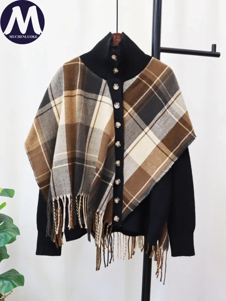 Cardigan for Women Autumn Winter New Korean Fashion Plaid Shawl Fake Two-piece Knitted Cardigan Casual Loose Street Trendy Coats