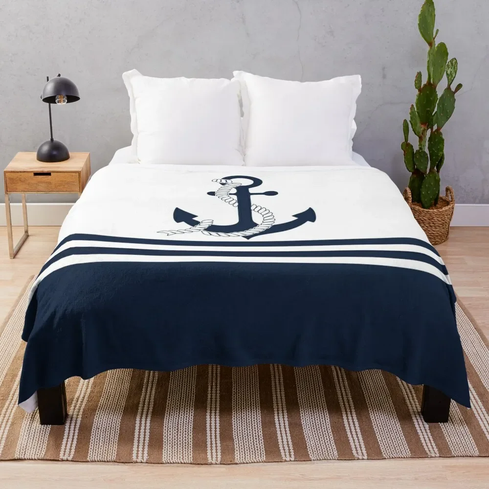 

Nautical blue anchors with blue and white stripes Throw Blanket Color Fast Cozy Throw Blanket