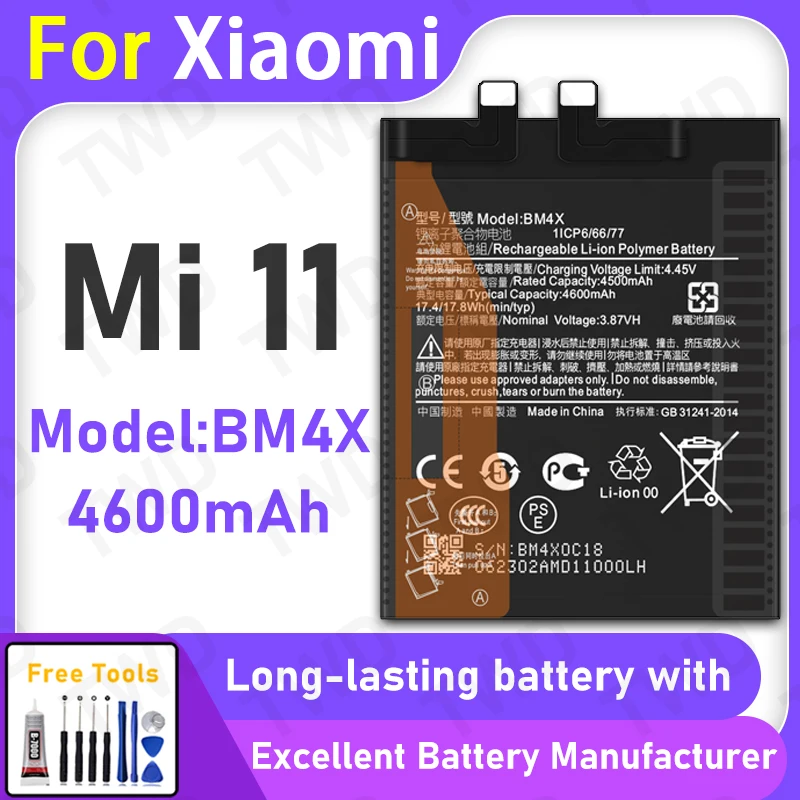 

100% New 4600mAh BM4X Battery For Xiaomi Mi 11 Replacement Bateria+Free Tools