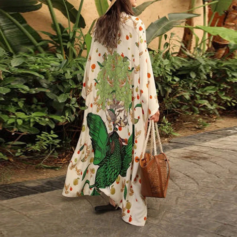 Cárdigan tipo kimono de longitud media, holgado, Retro europeo y americano, para verano, playa, protección solar, Bikini, traje de baño, abrigo fino, albornoz de otoño