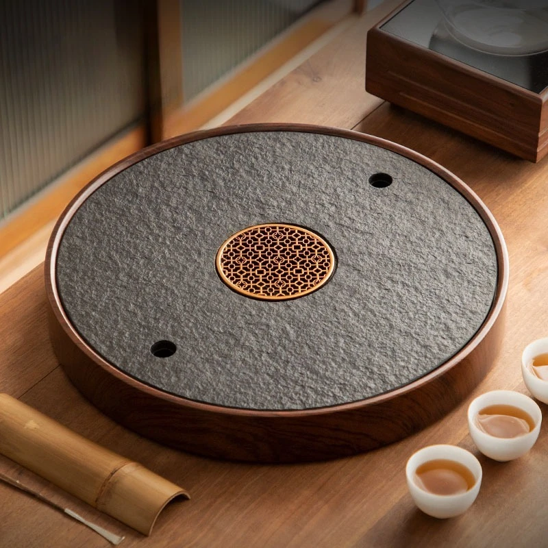 

New high-grade water storage type Wujinshi tray household set small tea table round stone drain tray