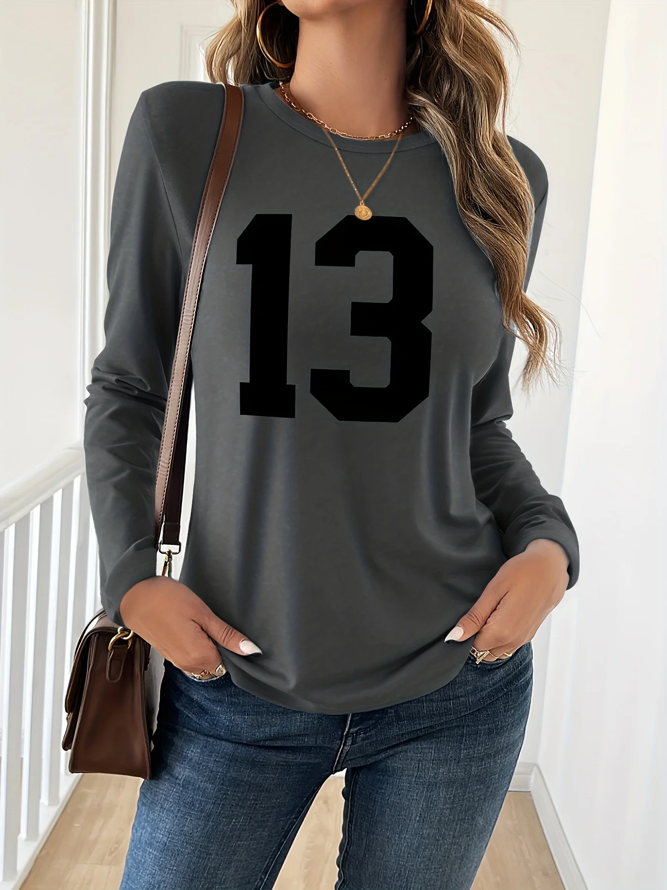 

Women'S Long Sleeve T-Shirt Print Soft Comfortable Loose Fit Round Neck Perfect Fall Winter Everyday Tshirt Relaxed Fit Shirt