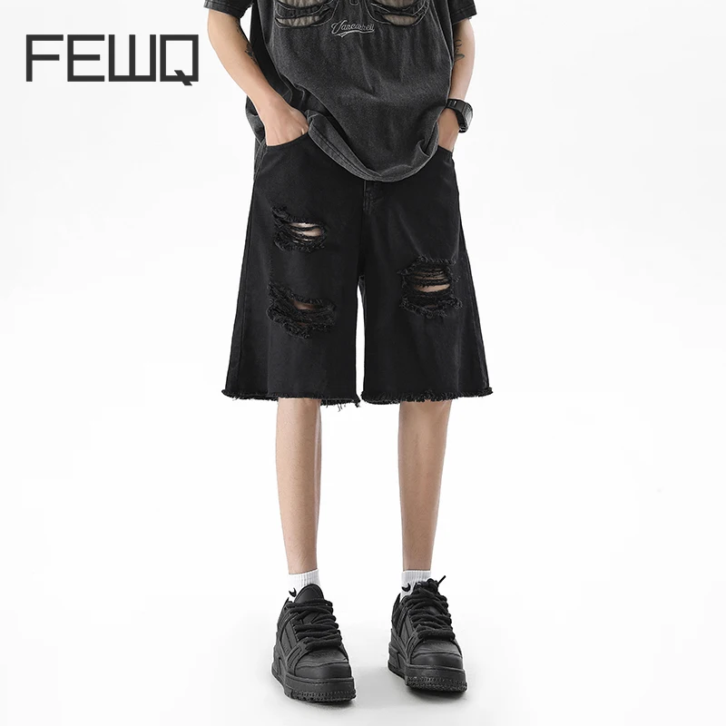 

FEWQ High Street Loose Men Denim Shorts 2024 Broken Hole Design 2024 Solid Color Darkwear Male Trousers Fashion 24E1344