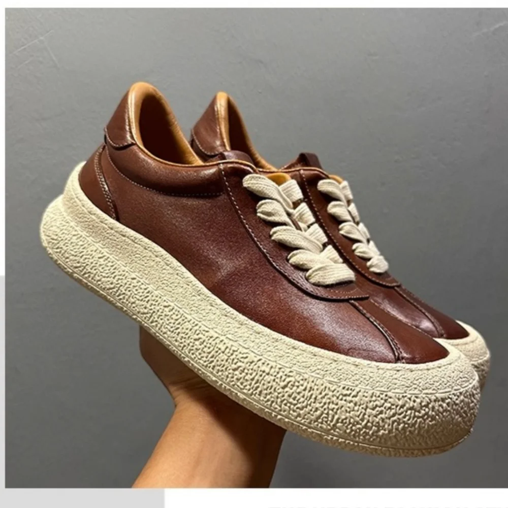 

QHCCID Men's Fashion Cow Leather Casual Sneakers Autumn New Thick Sole Trendy Shoes Comfortable Men's Footwear
