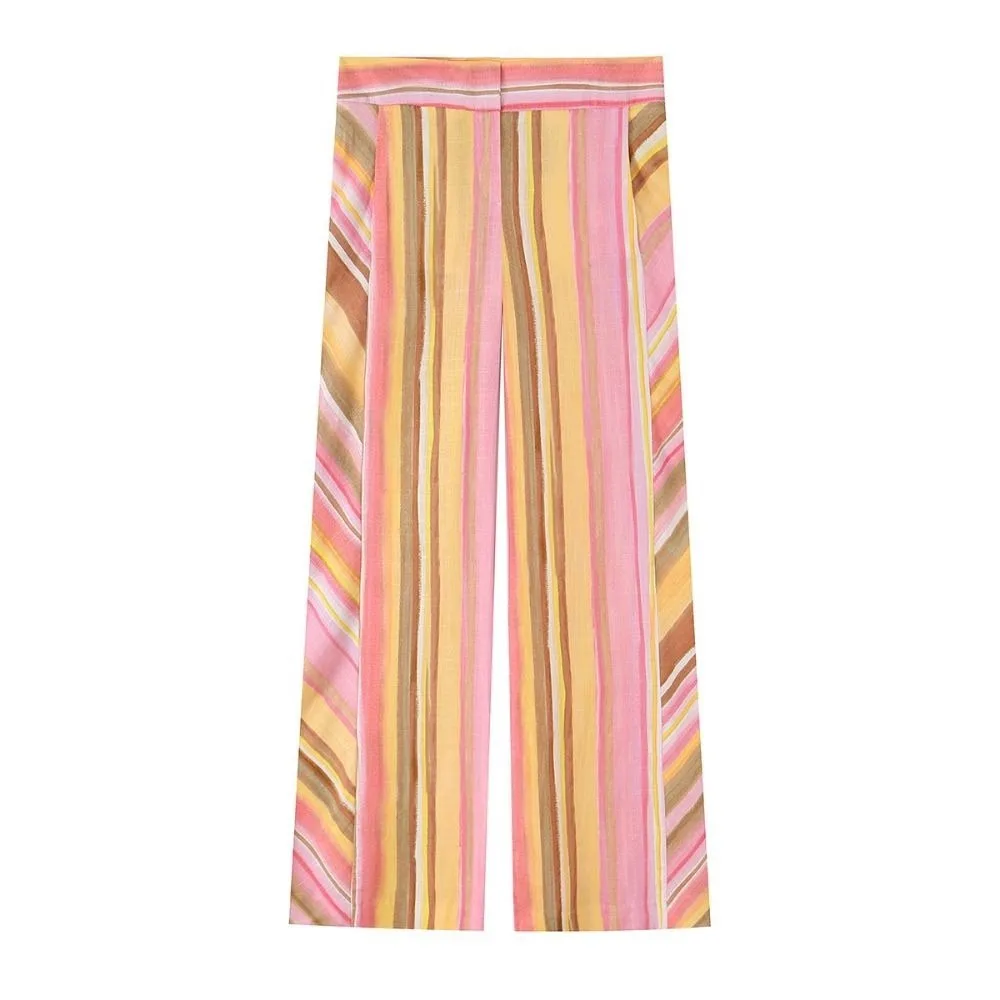 Stylish High Waist Striped Wide Leg Pants Loose Fit Multicolor Colorful Long Pants Casual Straight Leg Trousers Summer Outfits
