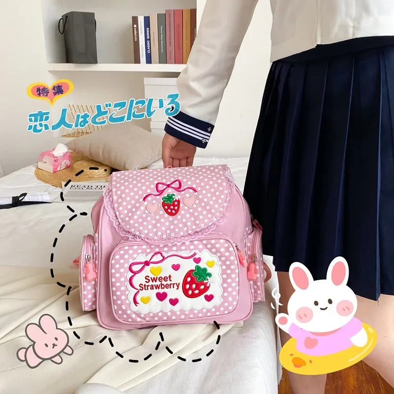 Sacos de escola japoneses para meninas, schoolbag do estudante, fruto bordado, morango, laço, macio, doce, bonito, doce, miúdos, trouxa, JK