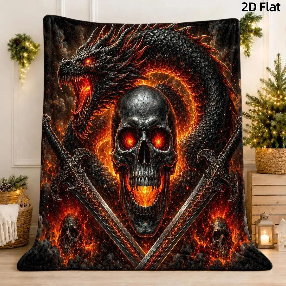 1pc 2D Flat Blazing Black Dragon & Gothic Skull Pattern Blanket, Oil Painting Dark Fantasy Dragon Print, Fiery Flame