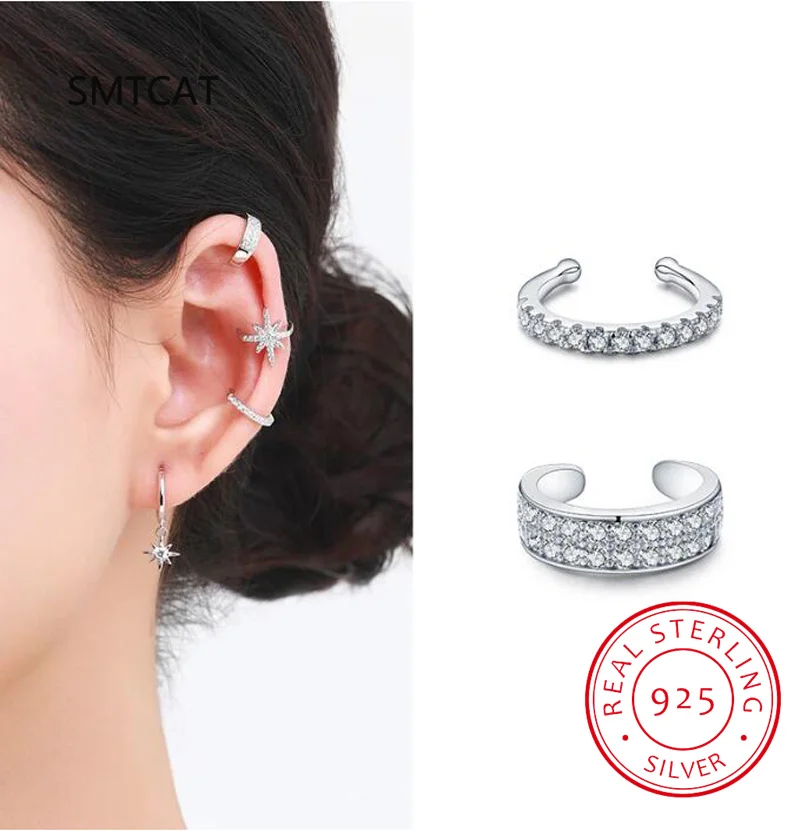 100 % echte 925 Sterling Silber Sterne Mode Punk Ohr Manschette klar CZ funkelnde Clip Ohrringe für Frauen Grils edlen Schmuck