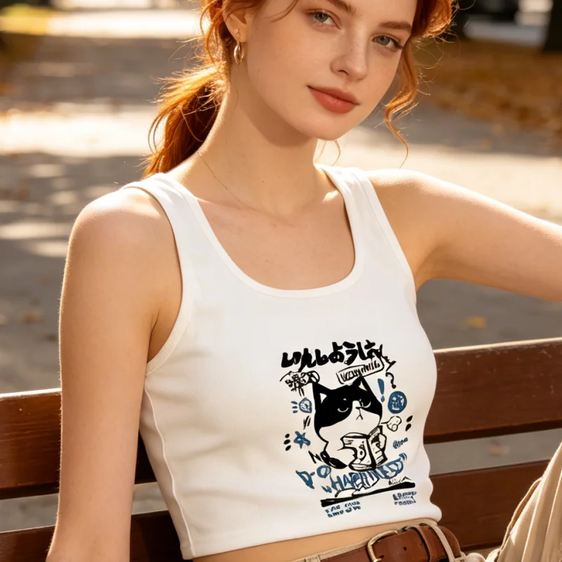 Casual Ribbed Printed Japanese Harajuku Cat Graphics Tank 2026 Summer New Vintage Women's Crop Tops Funny Sweet Vests Streetwear