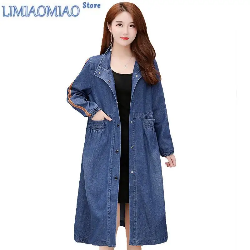 Jas hujan panjang untuk wanita, jaket Denim Windbreaker panjang setengah musim semi Korea longgar modis untuk ibu