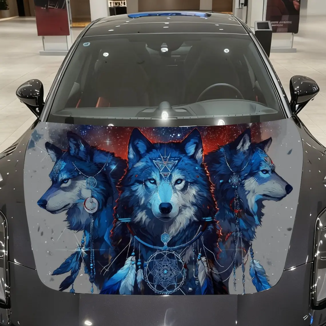 

Dreamcatcher Three Wolves Car Vinyl Wrap, PVC Material Waterproof Car Hood Sticker, Self-Adhesive Scratch-Resistant Stickers for