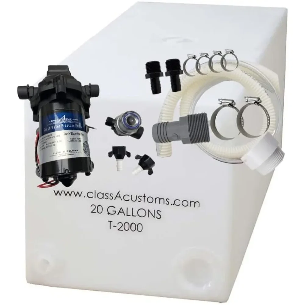 

Class A Customs | 20 Gallon RV Concession Fresh Water Tank with Plumbing Kit & 12 Volt Water Pump | T-2000-BPK-PUMP