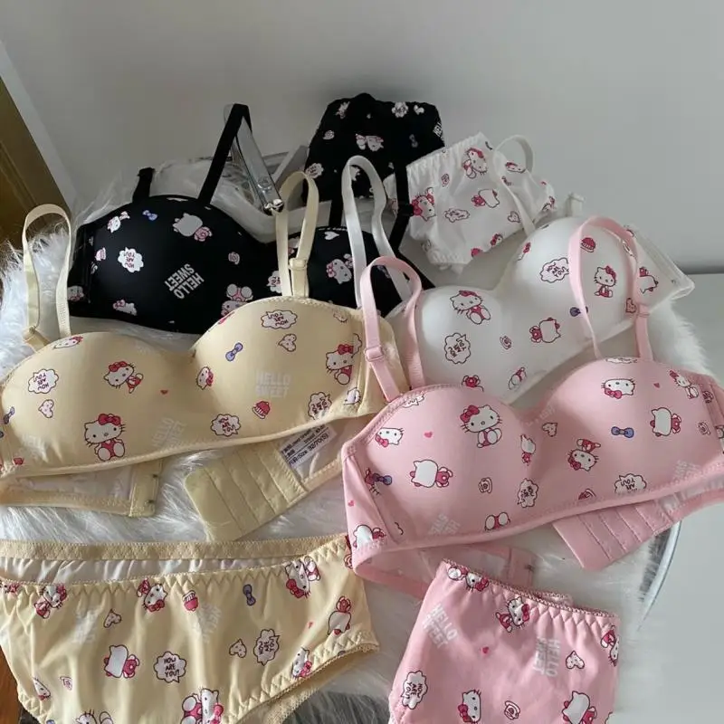 Hello Kitty Without Wires Bra Kawaii Sanrio Anime Print Small Size Underwear Set Breathable Cartoon Cute Girl Swimsuit Set Bra