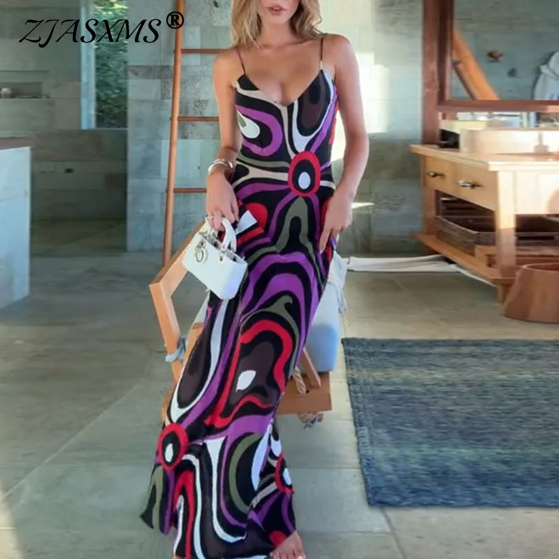 Elegant Sheath Print Satin Robe Dress Woman Sexy Backless Sling V Neck Hollow Hips Dress Summer Boho High Waist Vacation Dresses