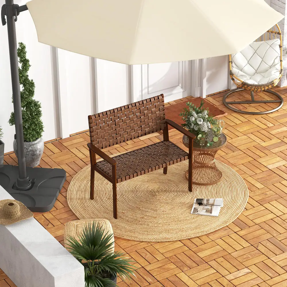 Outdoor All Weather Bench With Solid Rubber Wood Frame And Hand Woven PU Leather-Brown