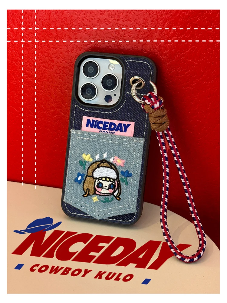 

kulo cowboy embroidery cute with lanyard case for iphone16promax case iPhone15pro case