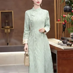 Chinese Traditional Women Qipao Dress Green Jacquard Round Neck Long Sleeves Improved Modern Cheongsam Elegant Evening Dresses