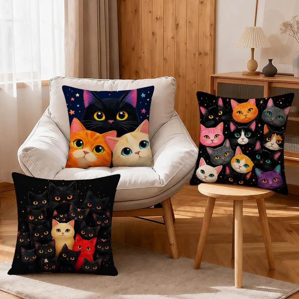 Art Full Screen Cat Cushion Cover Linen Anti-Mite Antibacterial Cushion Cover Invisible Zipper Sofa Decor