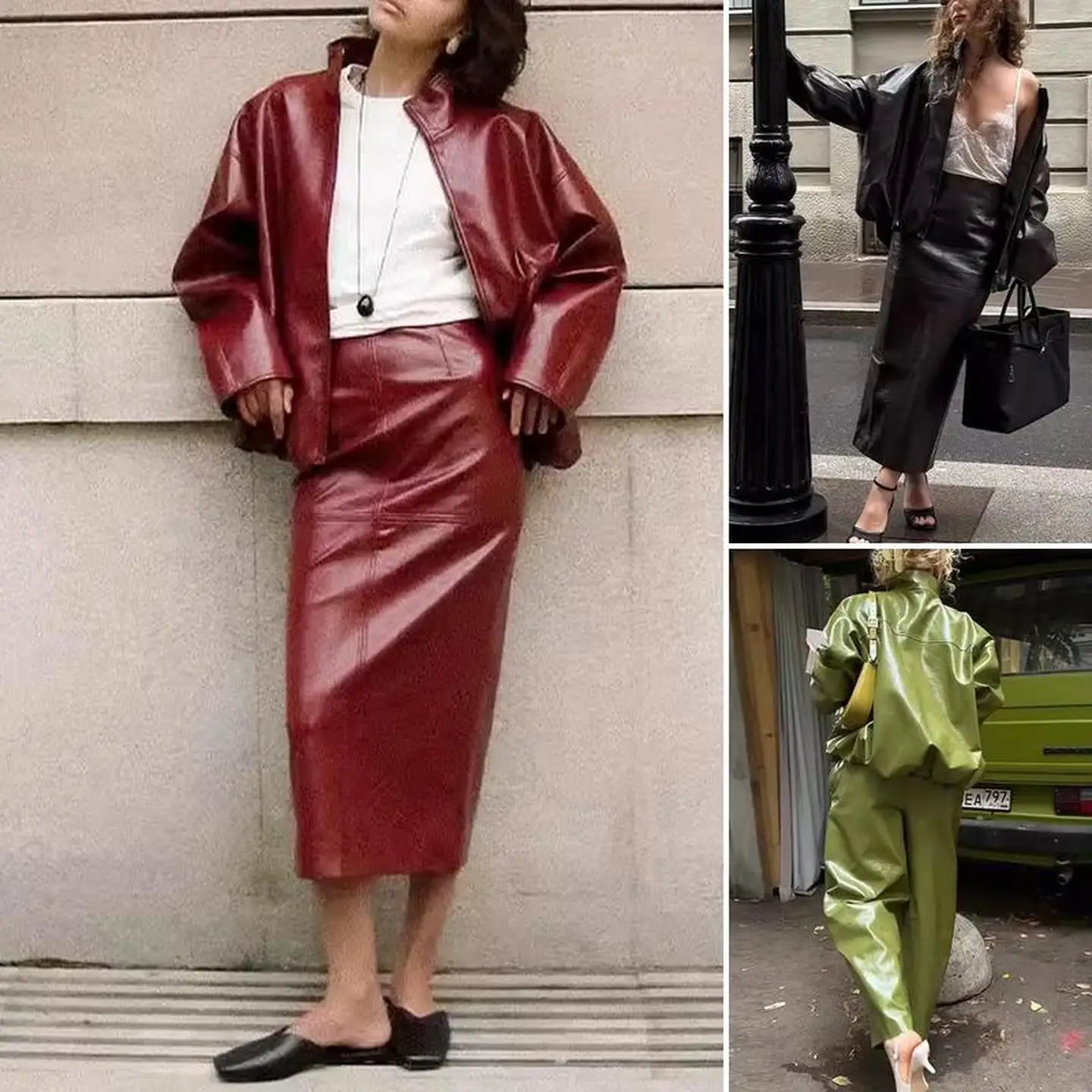 الأمريكية الرجعية الوقوف طوق الجلود Jaet ميدي تنورة عادية منتصف الخصر السراويل الجلدية المرأة Faion مجموعة ملابس الخريف