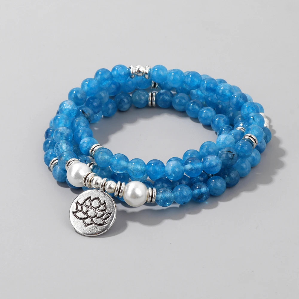 Long Blue Angelites Beaded Mala Bracelets Silver Color Lotus Flower Pendant Bracelet Yoga Bangle For Women Girl Jewelry Gifts