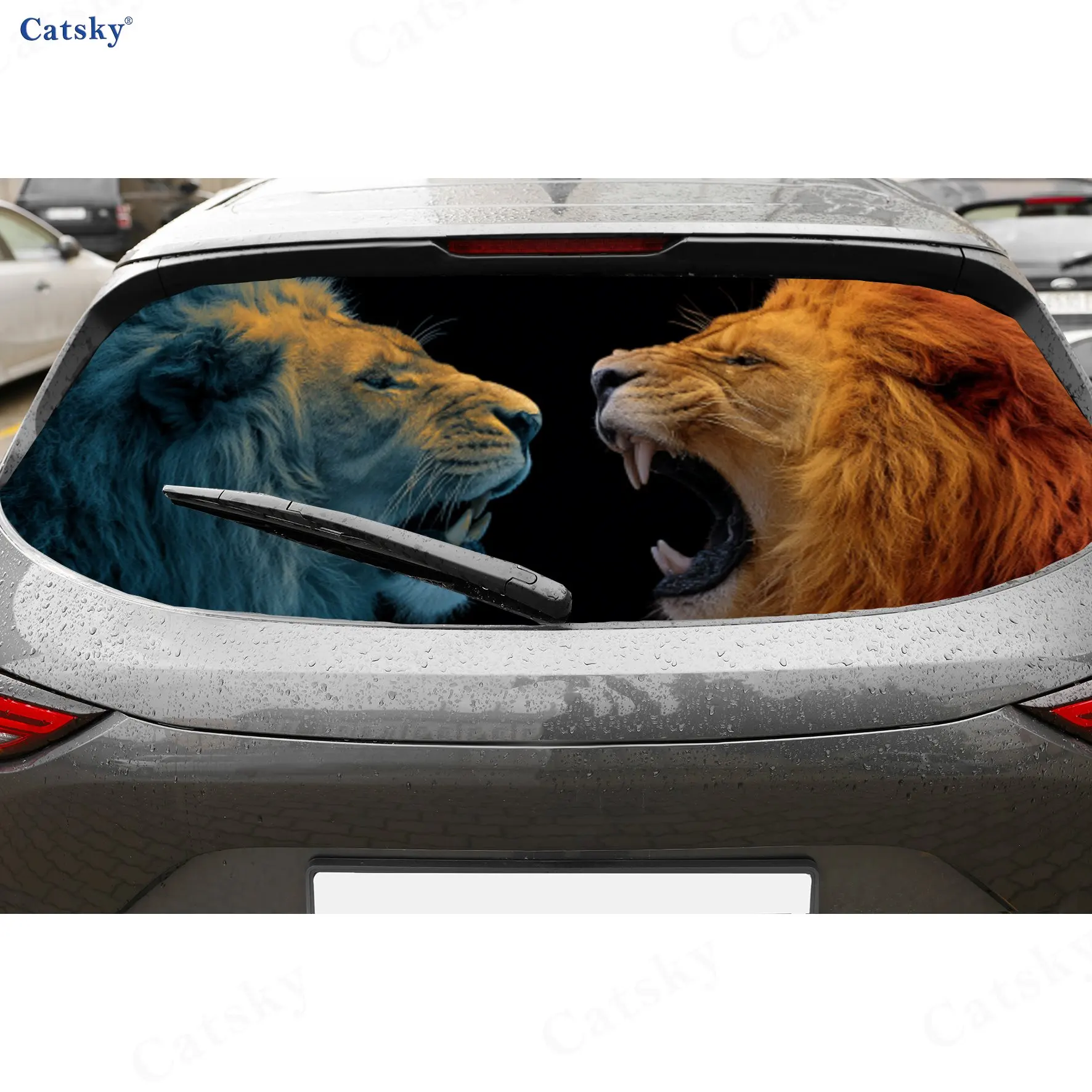Ice Fire Twin Lion Confrontation Power Pattern PVC Perforated Car Vinyl Wraps, Durable Car Rear Windshield Sticker, Waterproof C
