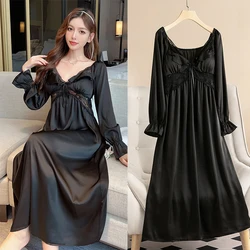 Long Lace Patchwork Nightgown Women New Spring Home Dressing Gown Long Sleeve Sleepwear Princess Style Homewear Nightdress