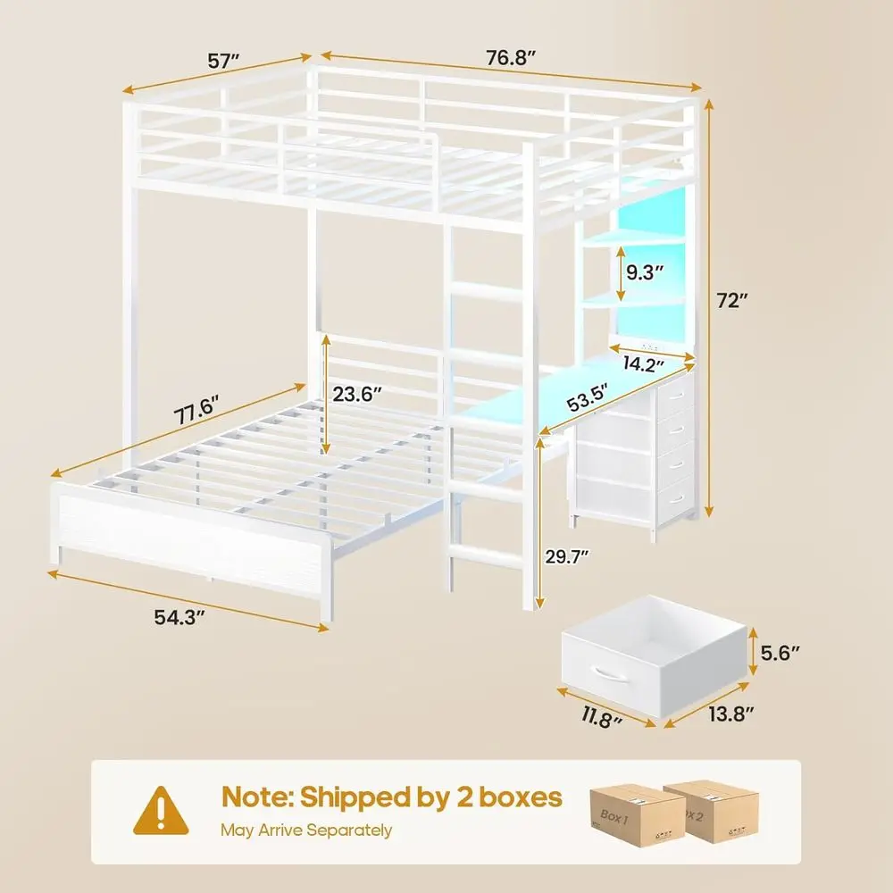 Full Over Full Bunk Bed with Desk, Charging Station, LED Lights, Storage Drawers, and Shelves, Metal Frame with Safety Rail and view 2