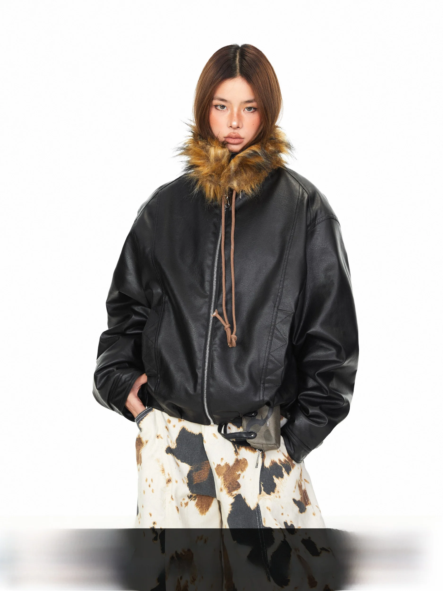 

Blabb Thiened ort PU Leather Jaet Double Sided Wear Fur Collar American Trendy Brand Winter Cotton Coat for Women