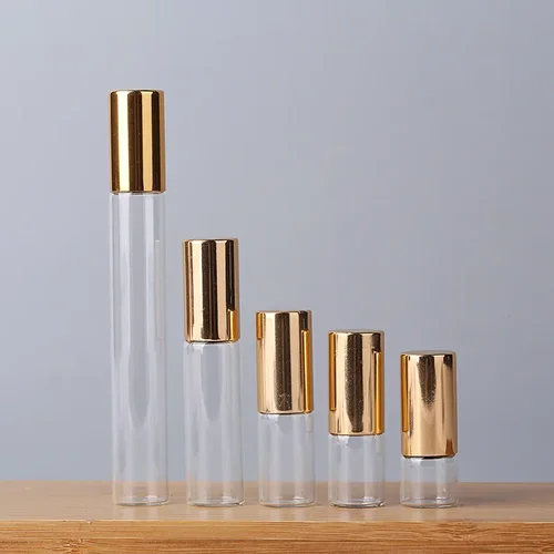 Botella enrollable de vidrio de 1-10ml, viales de aceite esencial de prueba de muestra, bola de acero, Perfume separado, cuentas finas, transparentes, portátiles, vacías