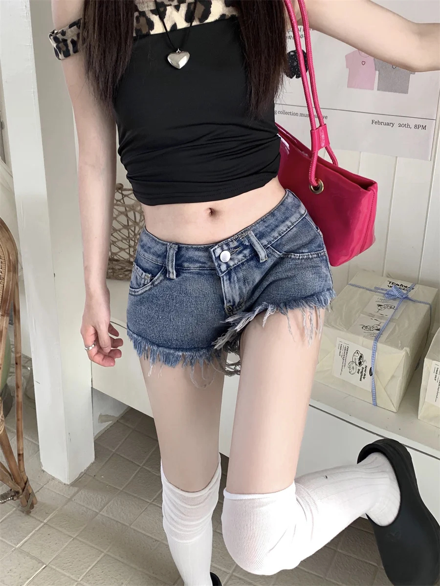 

Slergiri Frayed hem low-rise y2k denim shorts women summer american retro blue slim fashion sexy streetwear jeans shorts female