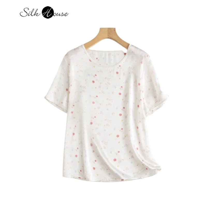 

19MM 100% Natural Mulberry Silk Plain Satin Heart Printed Loose Fitting Women's Round Neck Short Sleeved Straight Tube T-shirt