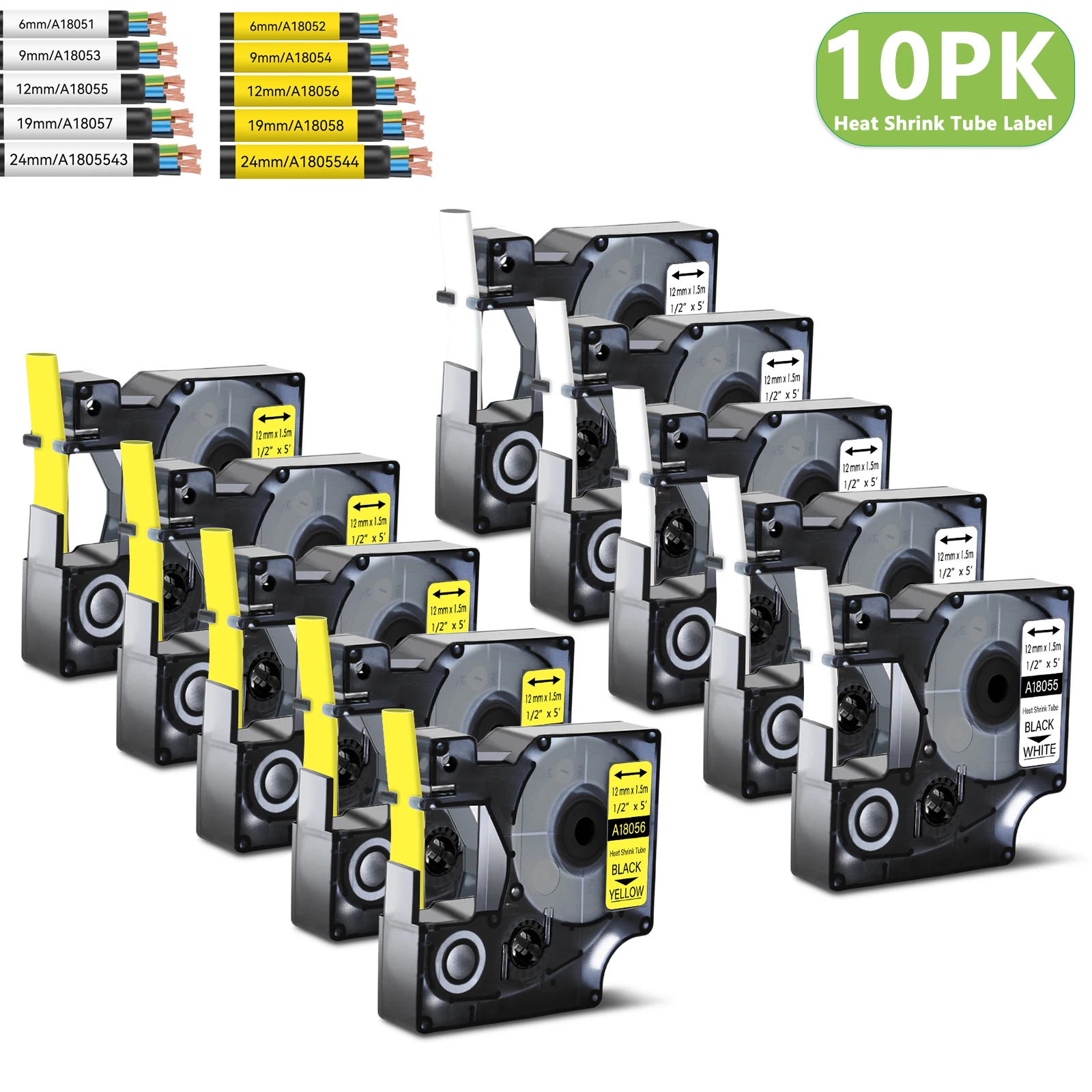 

Этикетки для термоусадочных трубок 5/10PK, совместимые с Dymo A18051 A18055 A18056 S0718300, черно-белая лента для DYMO Rhino 1000