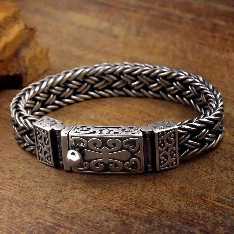 XiYuan Silver Color Retro Thai Handwoven Wide Plate Thick Bracelet Trendy Men Dominant Men's Fashion Jewelry