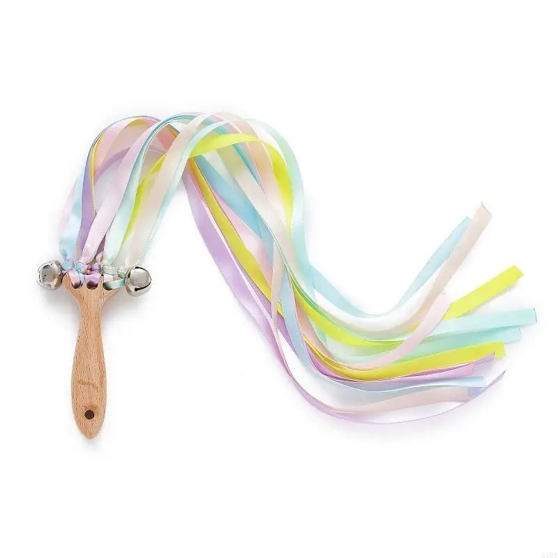 Baby Wooden Rattle Printed Ribbon Teether Baby Rattles for Play Gym Wooden Educational Baby Stuff