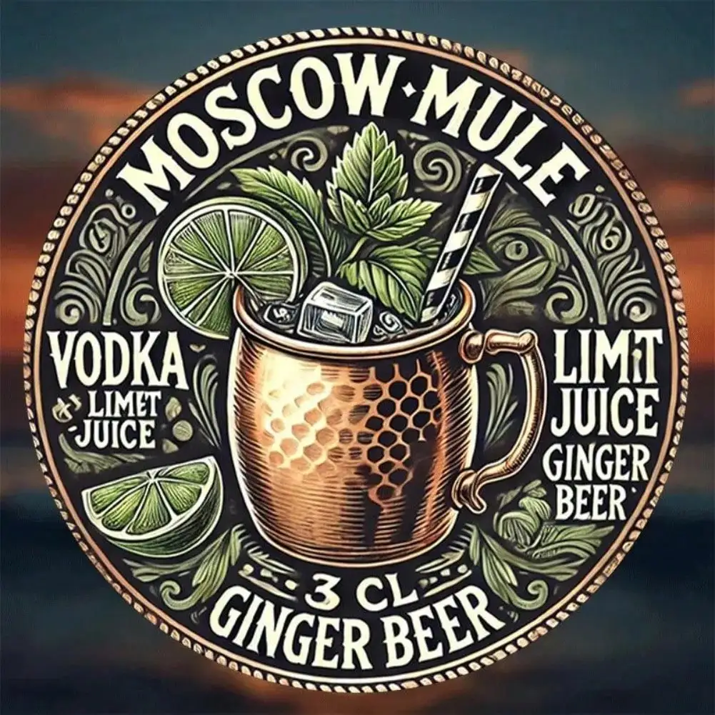 Letrero Metálico Vintage de 8 Pulgadas con Diseño de Taza Moscow Mule, Receta Clásica de Cóctel con Vodka y Cerveza de Jengibre, Decoración de Pared para Bar o Pub