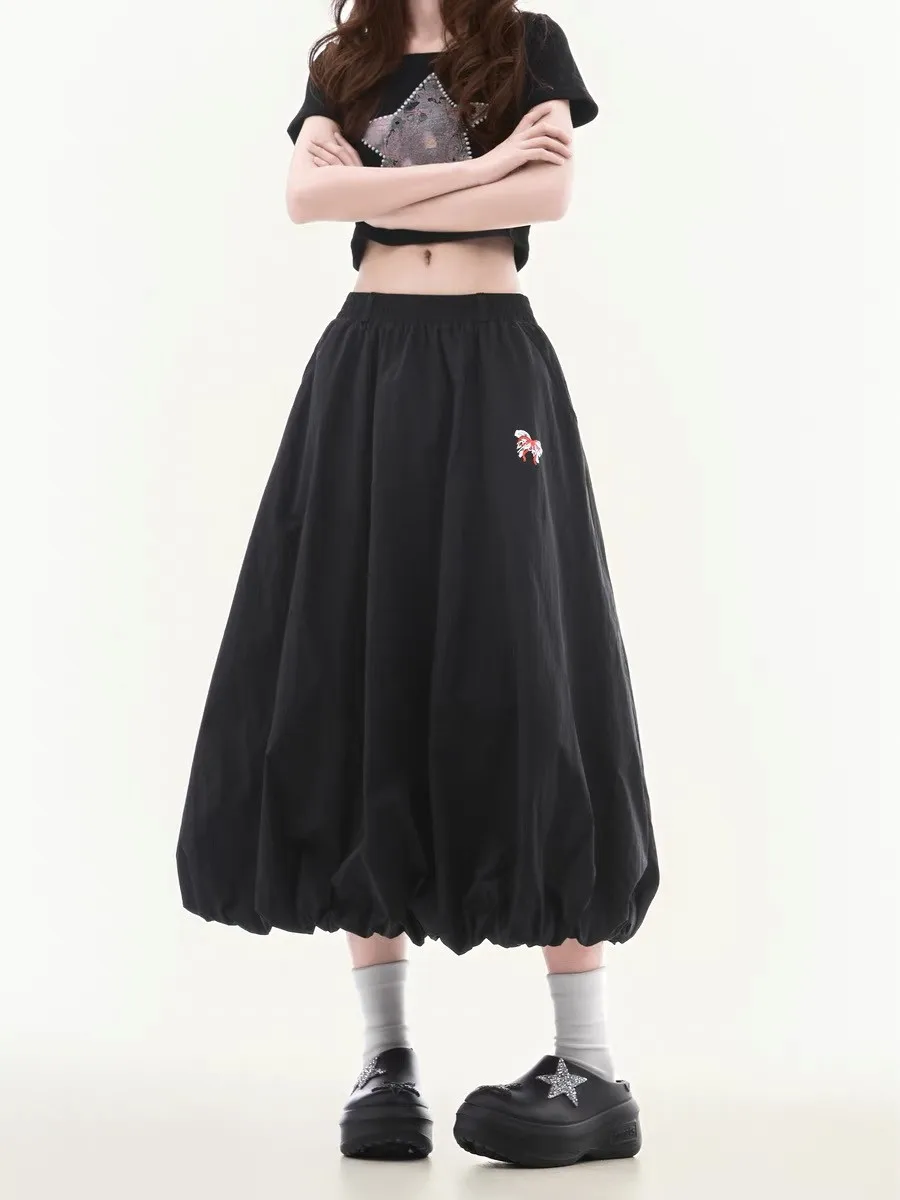Women's Vintage Bow Print A-line Black Skirt Summer Cute Girl Casual Bottoms Female Vintage Street Calf-length Umbrella Skirts