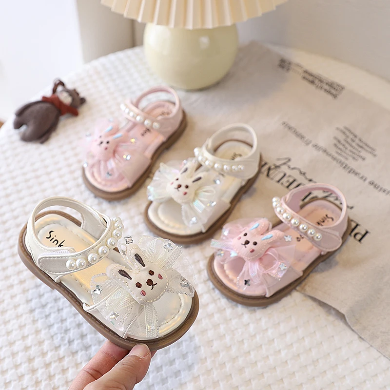 Toddlers Girls Sandals with Cute Rabbit Kids Bow-knot Beach Shoes Open Toes Princess Sweet Pearls Beading Soft Beige Pink 21-30