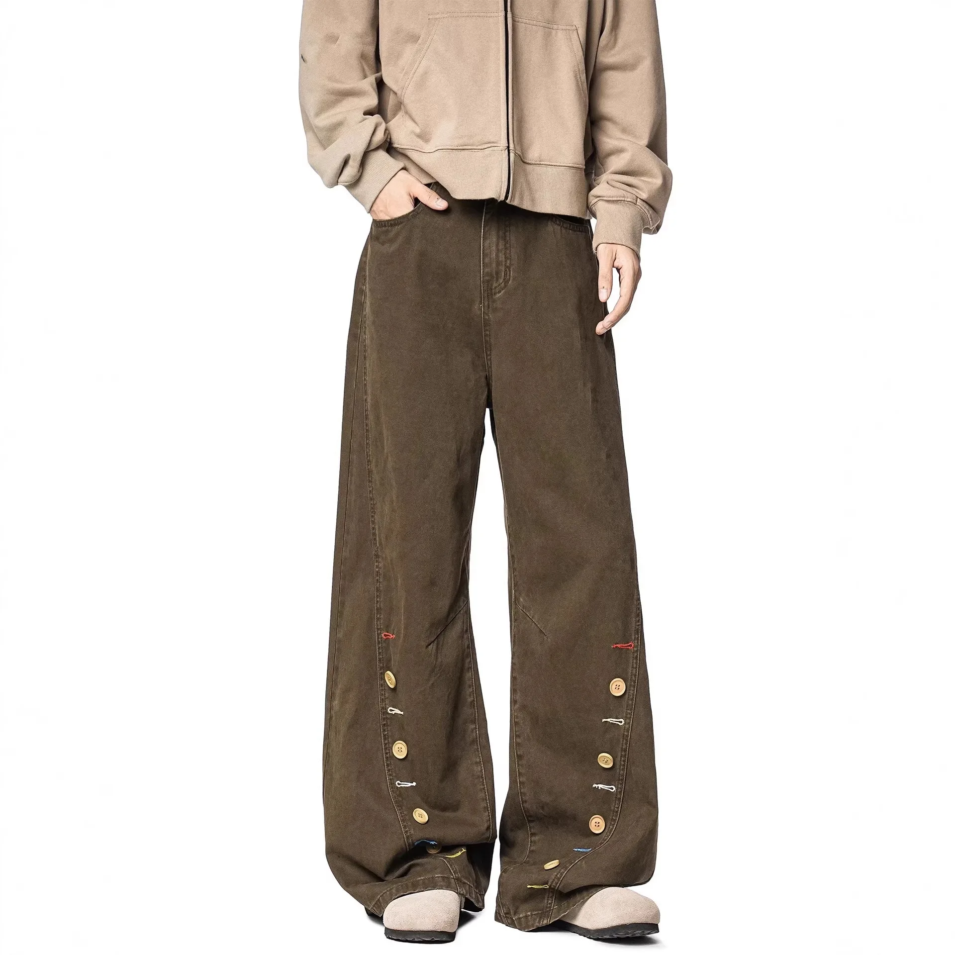 2026 Spring Men Retro Button Design Brown Baggy Jeans Casual Curved Straight Denim Pants High Street Y2K Cargo Pants
