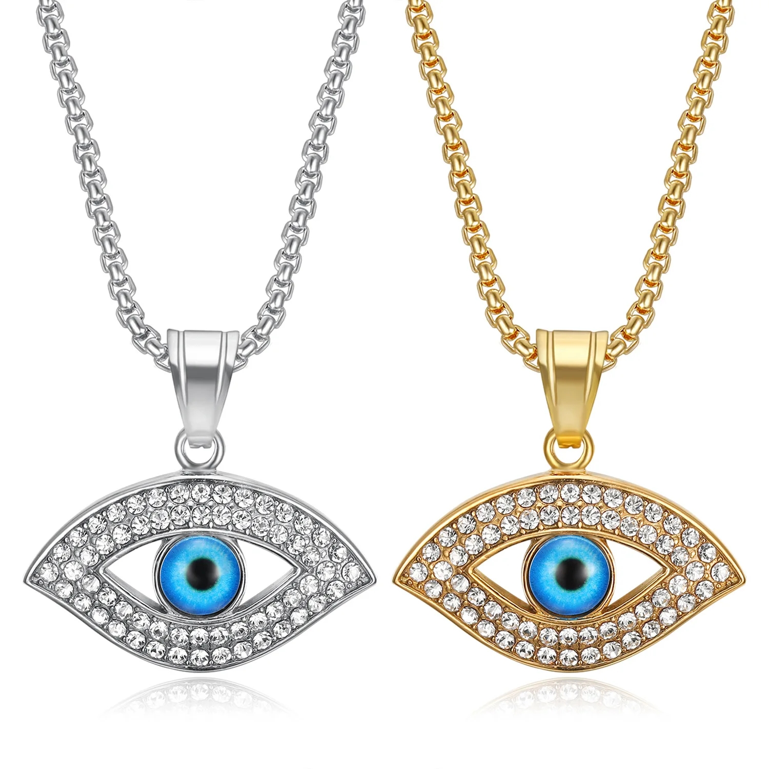 

Hip Hop Iced Out Bling Turkish Evil Eye Pendant Gold Silver Color Stainless Steel Amulet Necklace for Women Men Jewelry Gift