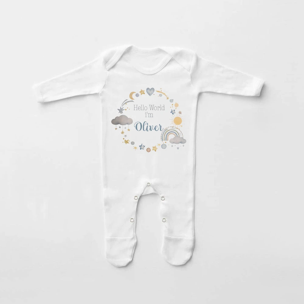 Personalizzato Hello World Babygrow Sleepsuit Set New Boy Coming Home Outfit annuncio di gravidanza regali personalizzati