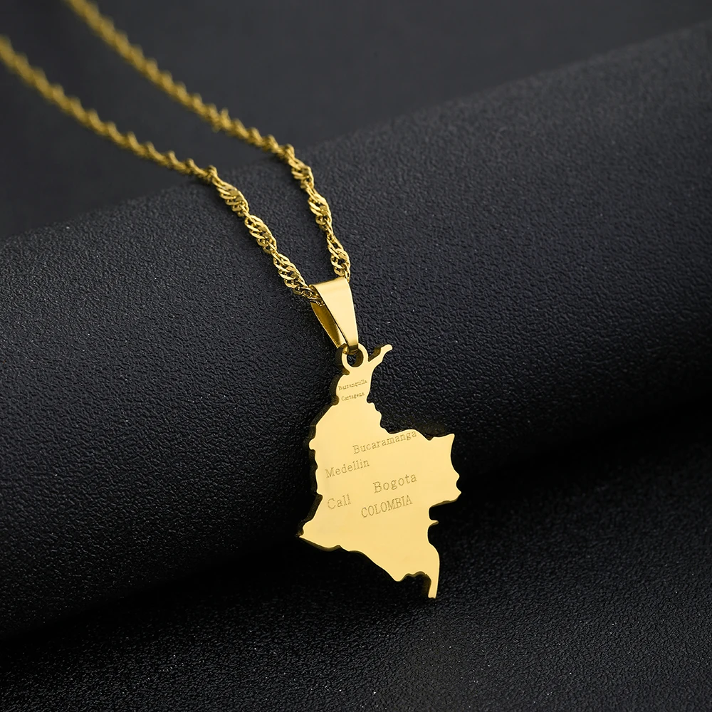 Fashion Colombia Map With City Name Pendant Necklaces Women Girls Stainless Steel Colombians Party Anniversar Jewelry Gifts