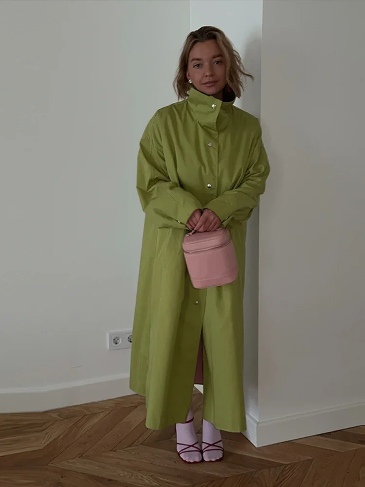 Casual Women's Autumn Long Windbreaker Stand Collar Single Breasted Full Sleeve Green Pink Trench Coat 2026 Lady Loose Outwear view 4