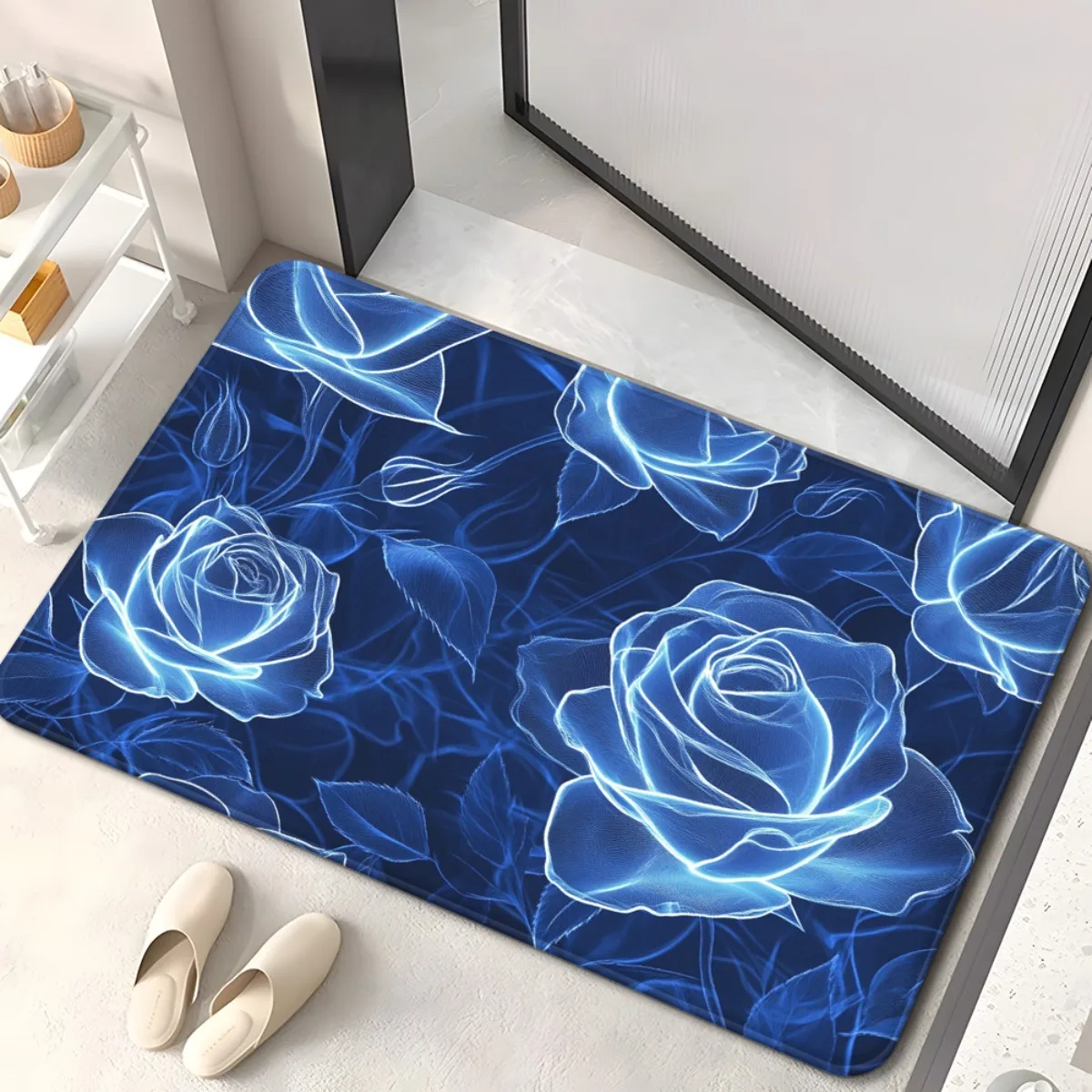 

Neon Blue Rose Textured Doormat, Anti-Slip Floor Mat, Bathroom Home Decor Futuristic Aesthetic Gift