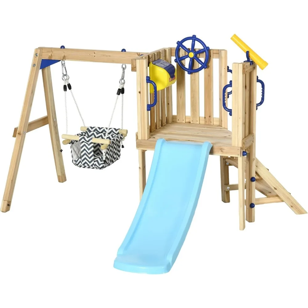 

Wooden Swing Set for Backyard, Toddler Outdoor Playset with Baby Swing Seat, Kids Slide, Fort, Playground Equipment