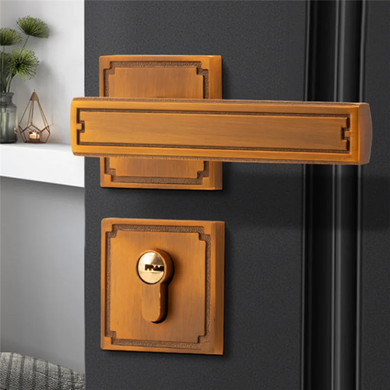 

【Sleek Design】New Chinese Style Door Lock, Wooden Door Handle, Split Silent Interior, Household, Bedroom, Retro Handle Lock