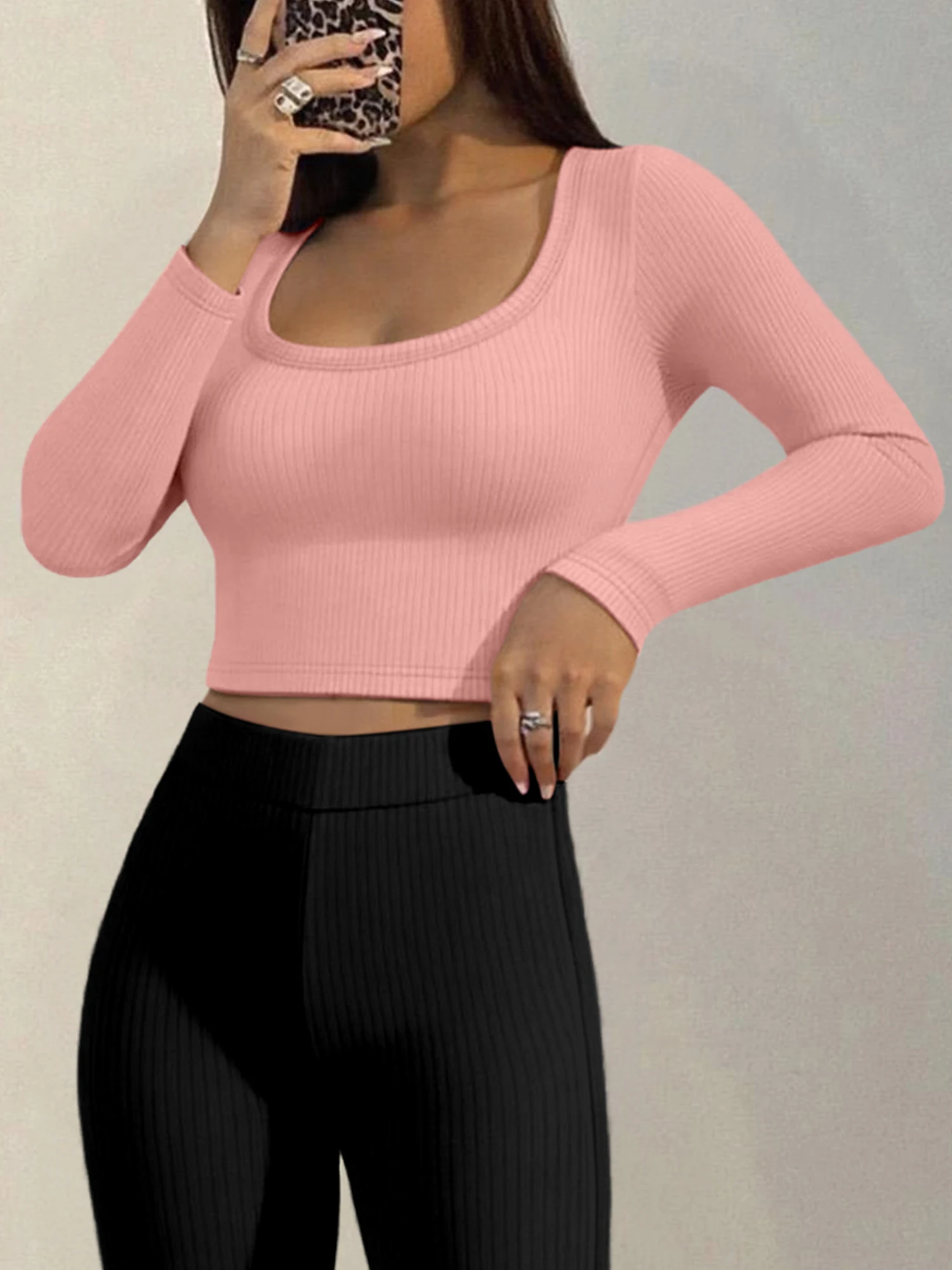 Curved Square Neck Crop Knit Top, Long Sleeve Slim Ribbed Shirt for Urban Exploration & Daily OOTD